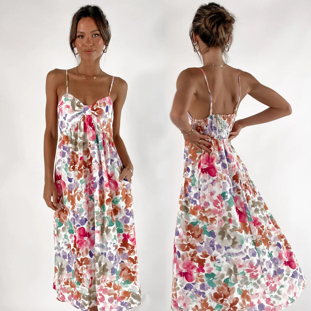 Ladies max dress with floral design and decorative knot detail Lune London
