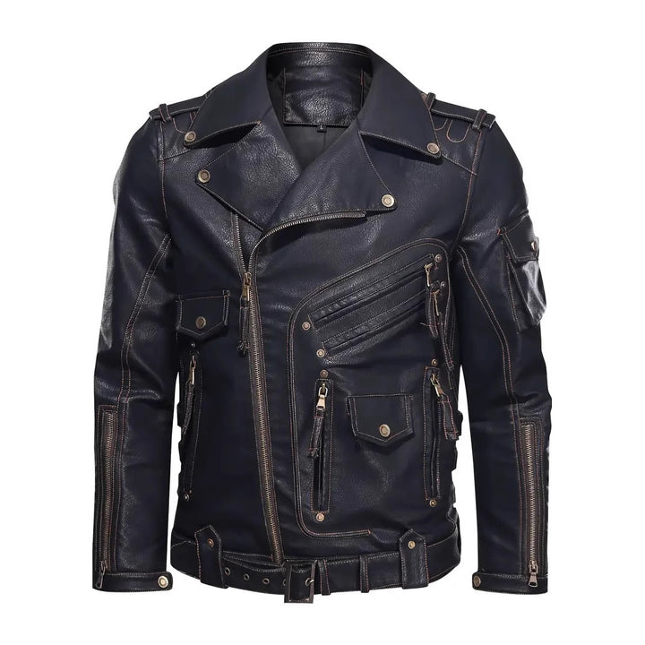 Men's stylish biker jacket with multiple zip pockets and belt detail Lisslune
