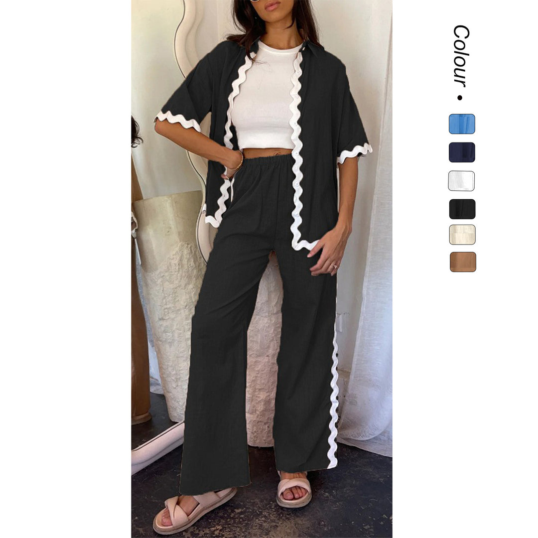 Women's two-piece set with fresh linen fabric and decorative wavy hem