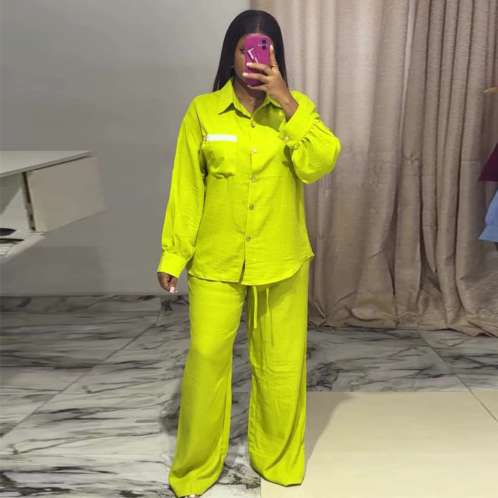 Women's casual two-piece set with long-sleeve blouse and wide pants