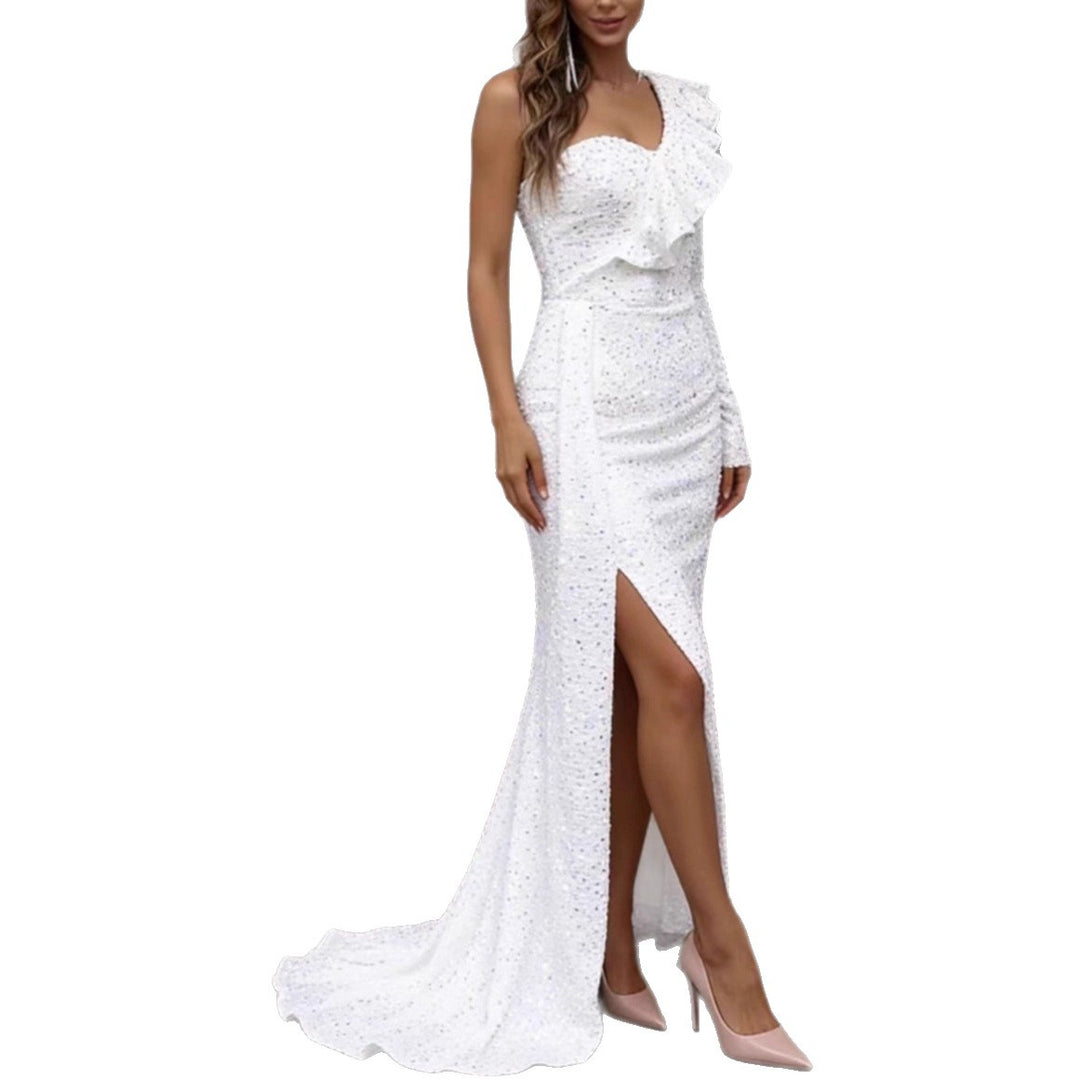 Women's Glamorous Evening Dress with Asymmetrical Cut and Sparkling Sequins