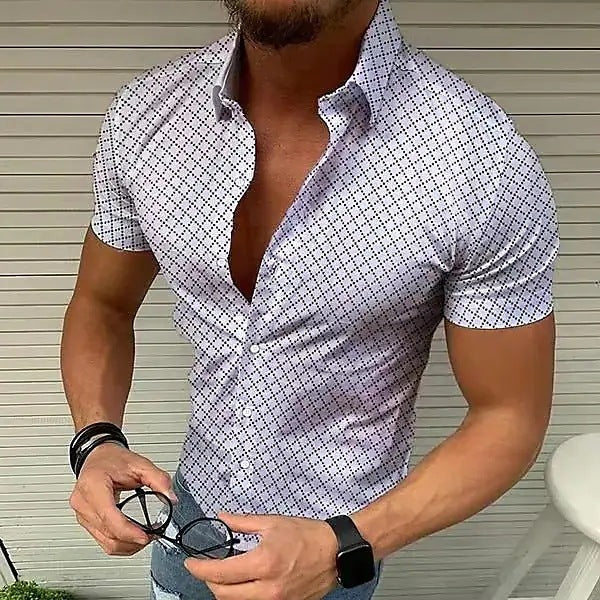 Men's Short Sleeve Shirt with Modern Check Pattern and Breathable Cotton Blend Lisslune