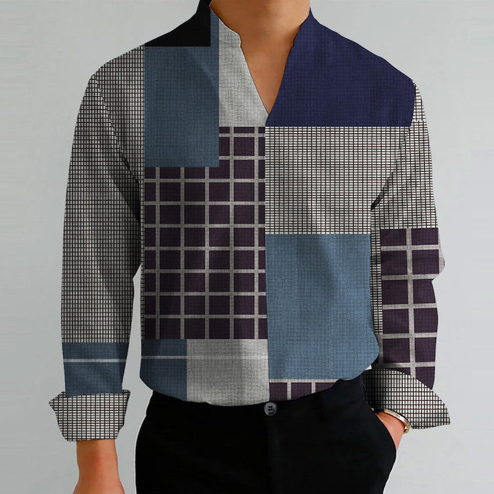 Men's long sleeve shirt with modern V-neck and textured stripe pattern Lisslune