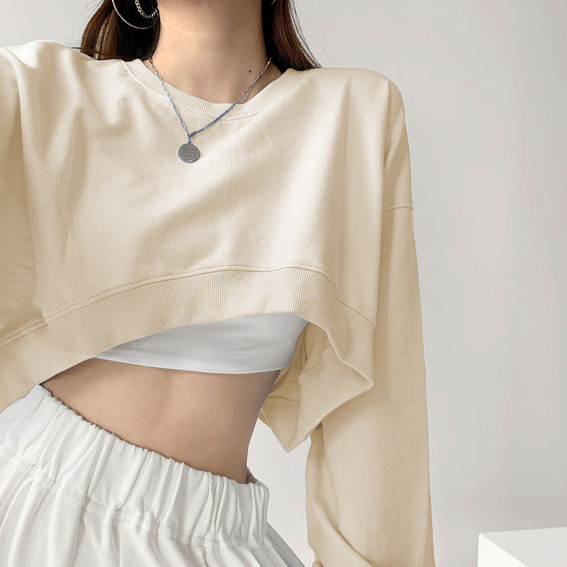 Women's Casual Crop Sweatshirt with Loose-Fitting Sleeves and Fashionable Cut