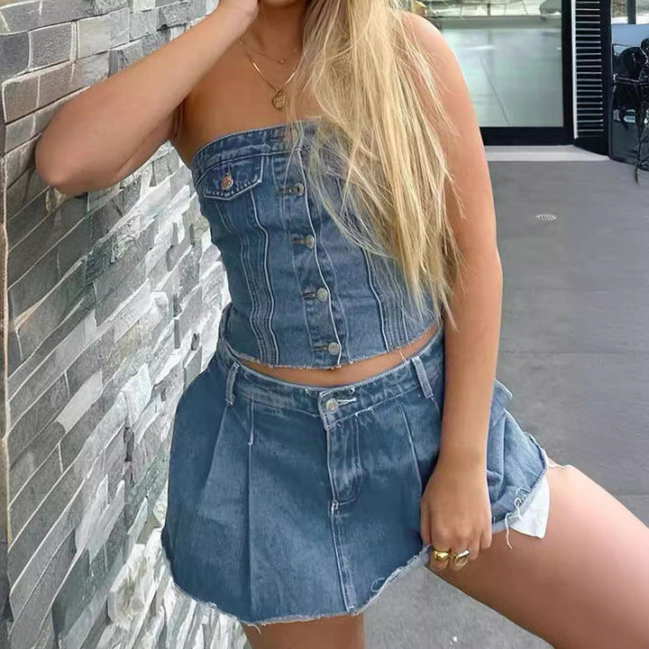Women's Denim Crop Top with Knitted Overlay Lisslune