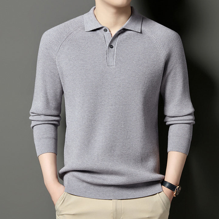 Men's Fine Knit Pullover with Classic Polo Collar and Fashionable Ribbed Structure Lisslune