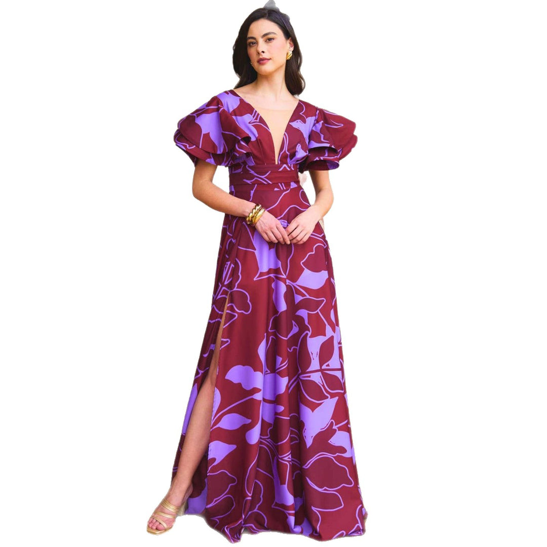 Ladies Maxi Dress with voluminous puff sleeves and elegant slit Lisslune