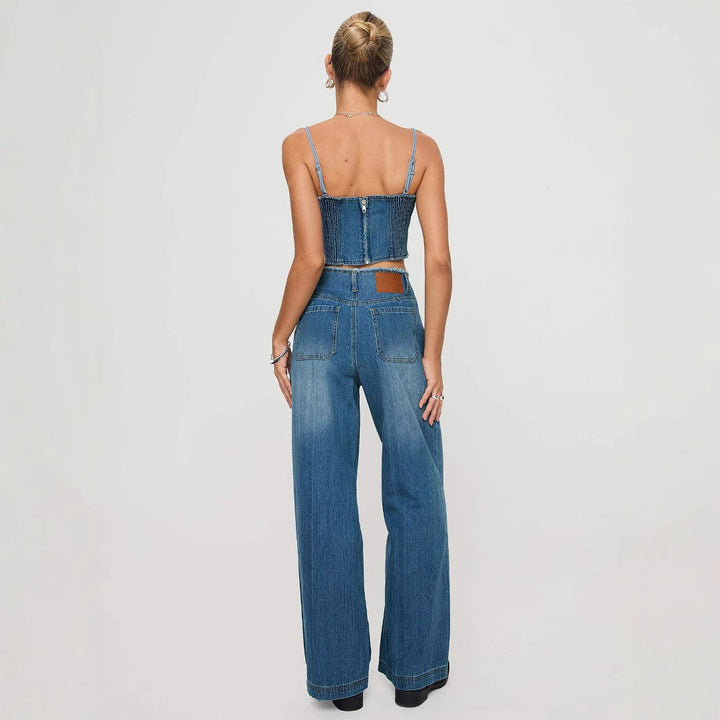 Damen weite Denim-Jeans mit hohem Bund und fransigem Saum Lisslune