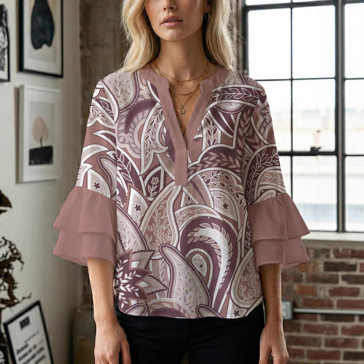 Women's blouse with voluminous ruffle sleeves and creative floral design Lisslune