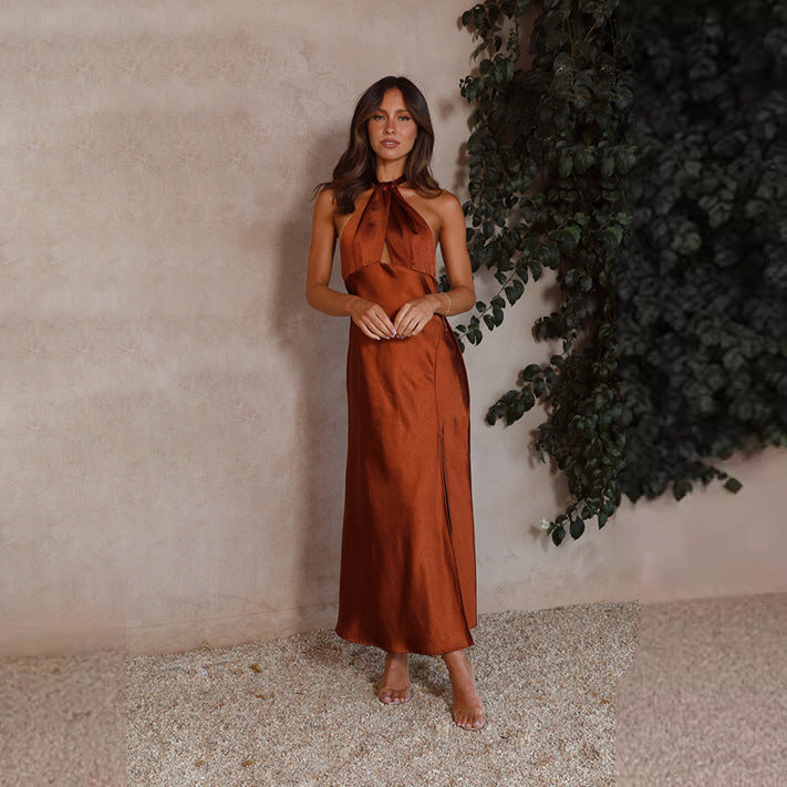 Women's Elegant Wrap Maxi Dress in Halterneck Style with Side Slit and Waist Belt
