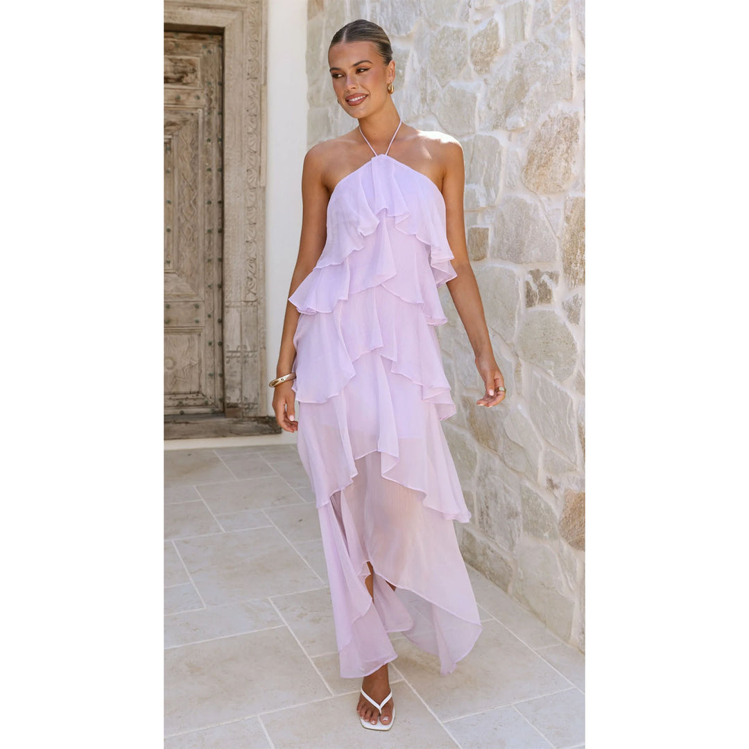 Women Ruffled Maxi Dress with Asymmetric Design and Elegant Halter Top