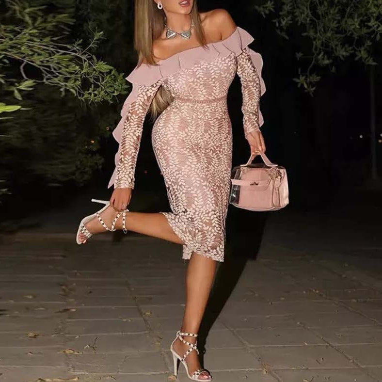 Women's Figure-Hugging Lace Dress with Off-Shoulder Design and Ruffle Details Lisslune