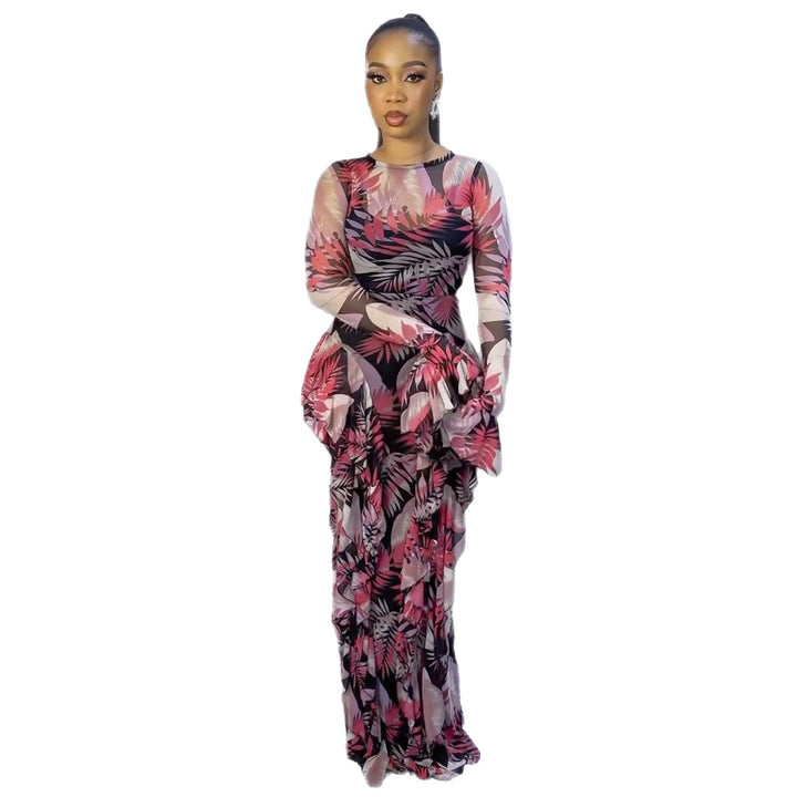 Women's maxi dress with transparent sleeves and floral pattern