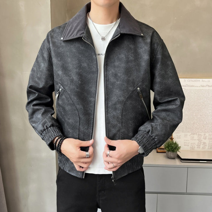 Men's fashionable synthetic leather jacket with stylish stand-up collar and practical pockets Lisslune