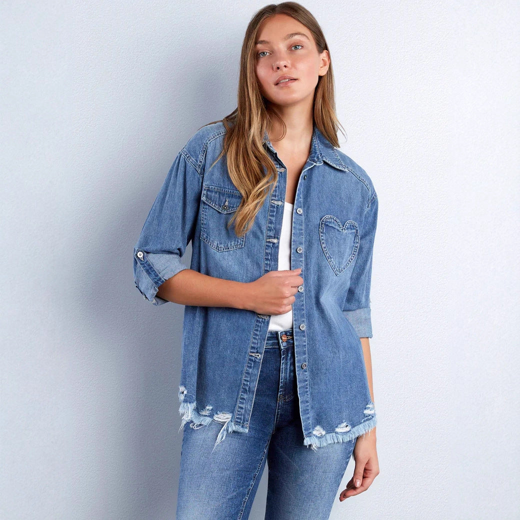 Women's denim blouse with heart appliqué and fringed hem Lisslune