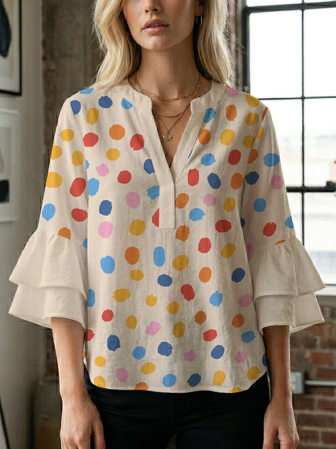 Women's blouse shirt with voluminous sleeves and creative print design Lisslune