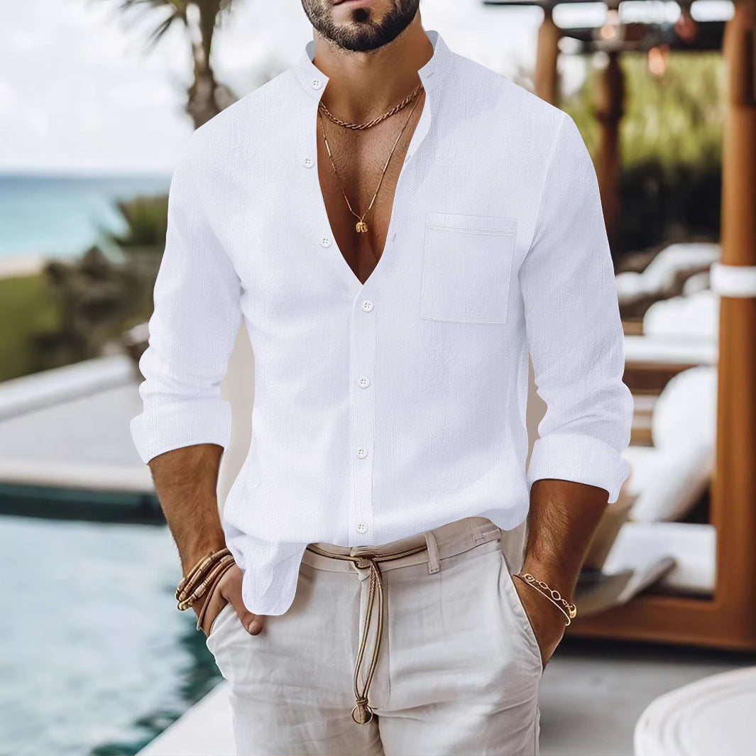 Men's summer long-sleeve shirt with a modern stand-up collar and practical breast pocket Lisslune