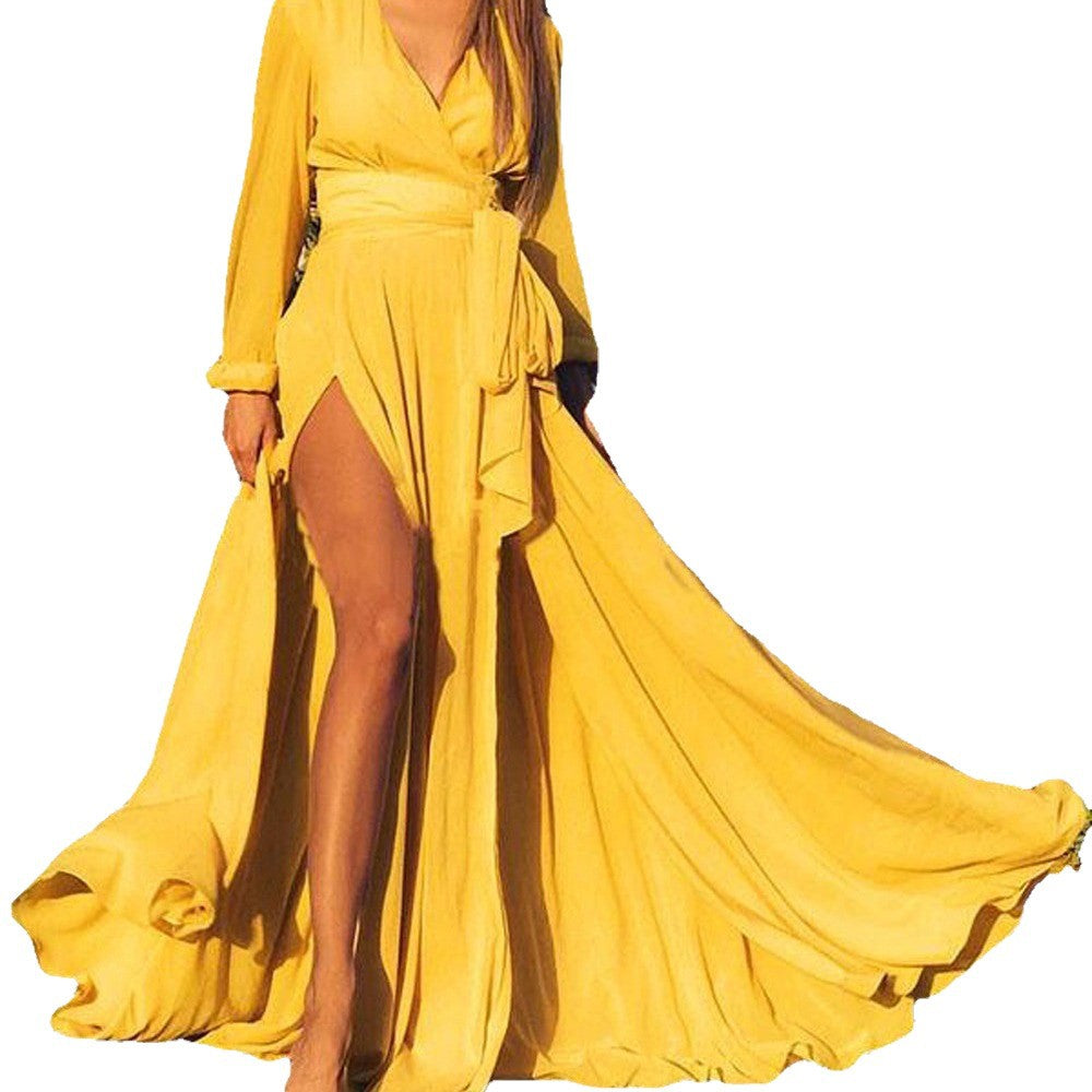 Women’s Maxi Dress with Deep V-Neck and Elegant Side Opening