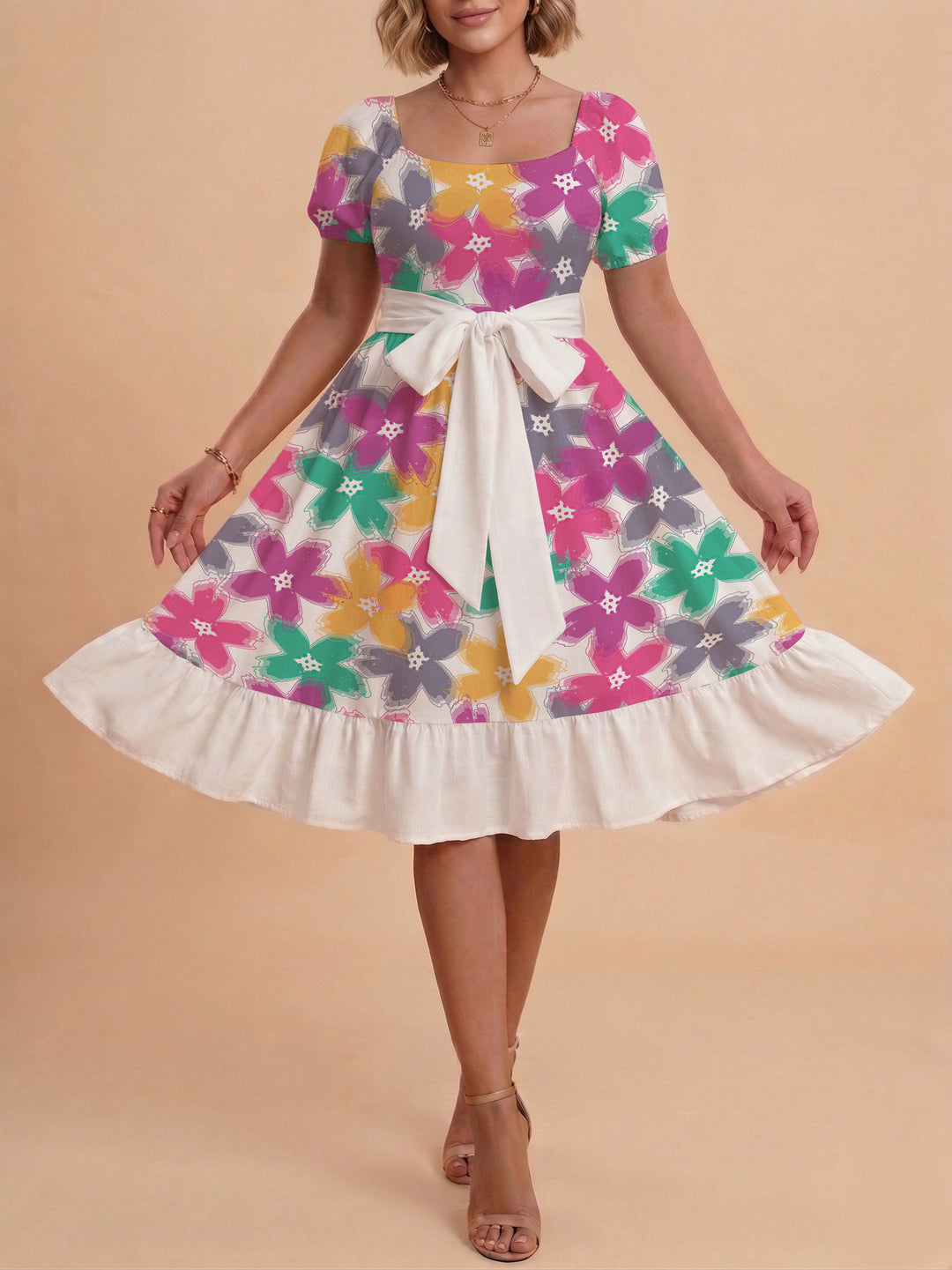 Women's floral dress with adjustable belt and voluminous sleeves Lisslune
