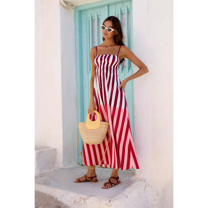 Women's summer maxi dress with narrow straps and sophisticated striped pattern Lune London