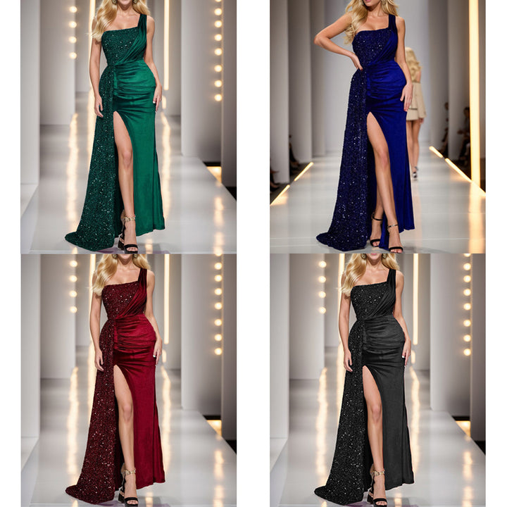 Women's Glamorous Evening Dress with Asymmetrical Cut and Sparkling Details