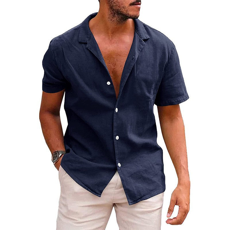 Men's short-sleeve shirt made of high-quality linen with stylish notch collar Lisslune