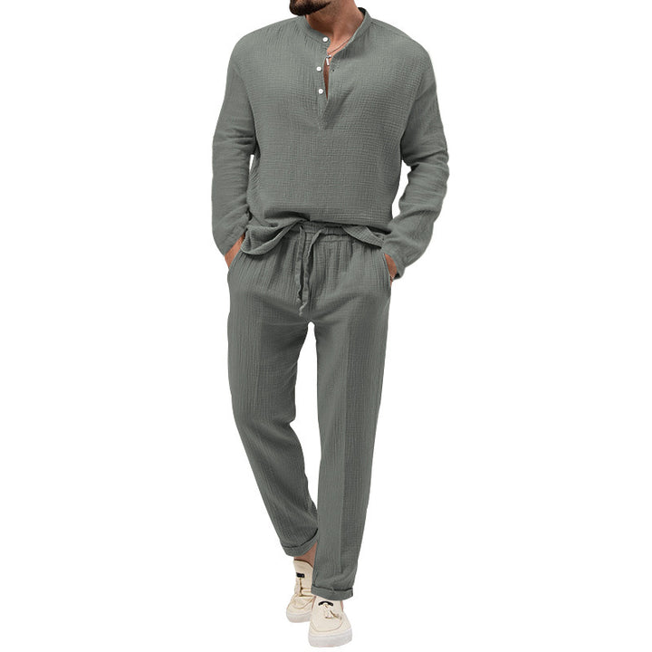 Men's leisure set made of breathable material with button placket and elastic waistband Lisslune