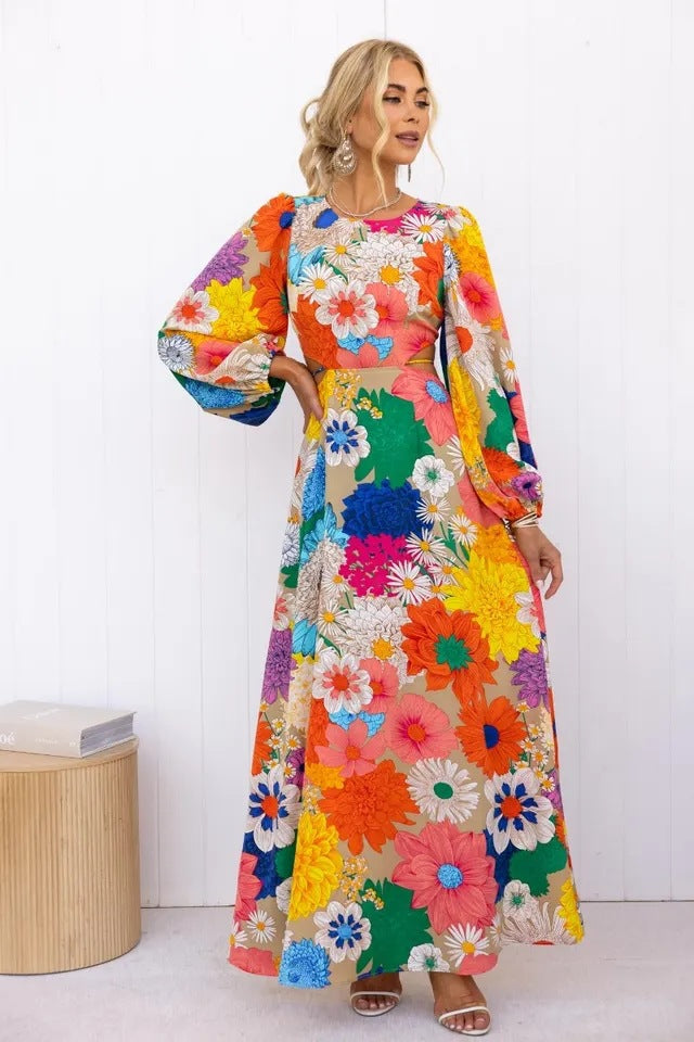 Women's floral maxi dress with voluminous sleeves and all-over floral print Lune London