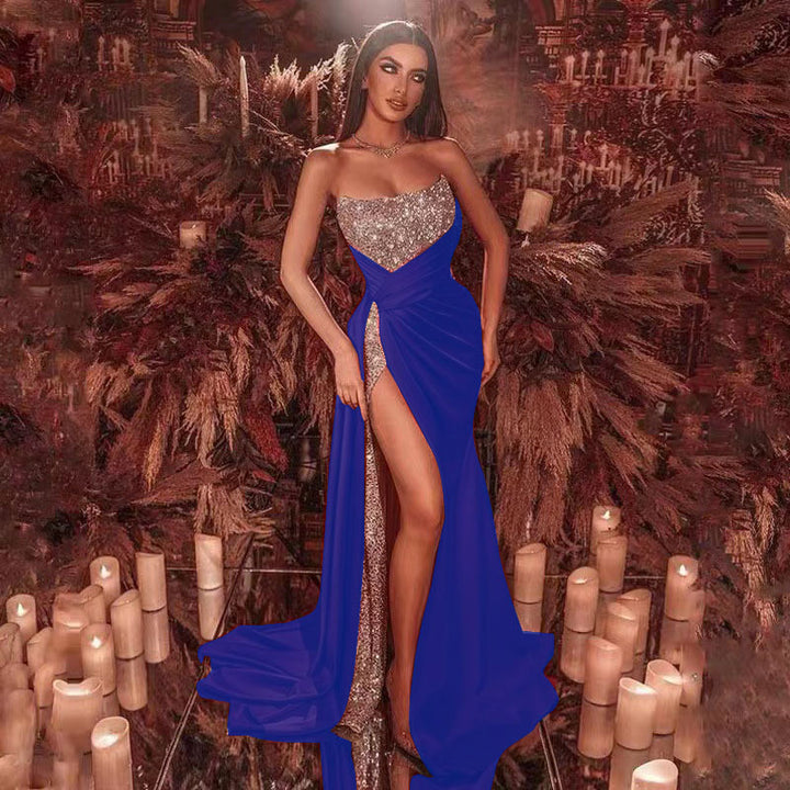 Women's Glamorous Maxi Dress with Sparkling Top and High Slit