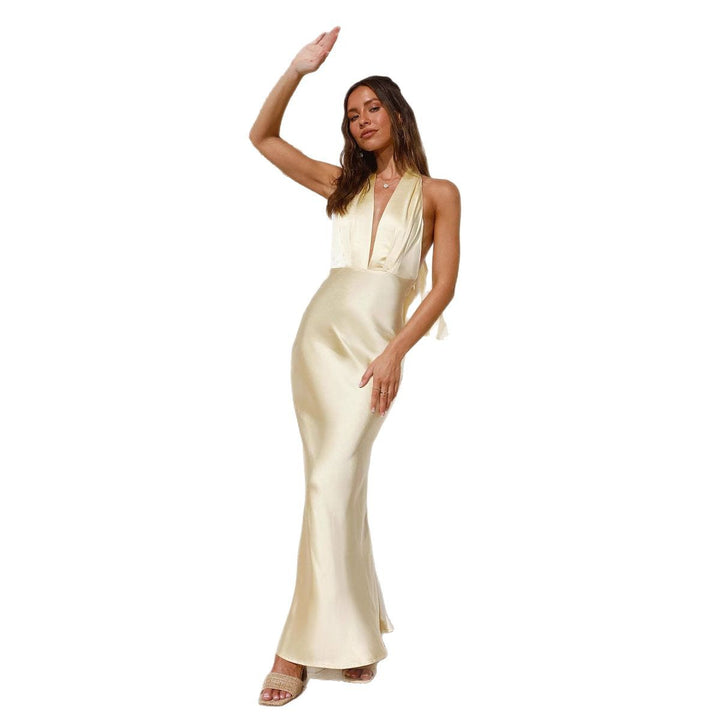 Women's elegant satin maxi dress with deep V-neck and figure-hugging fit