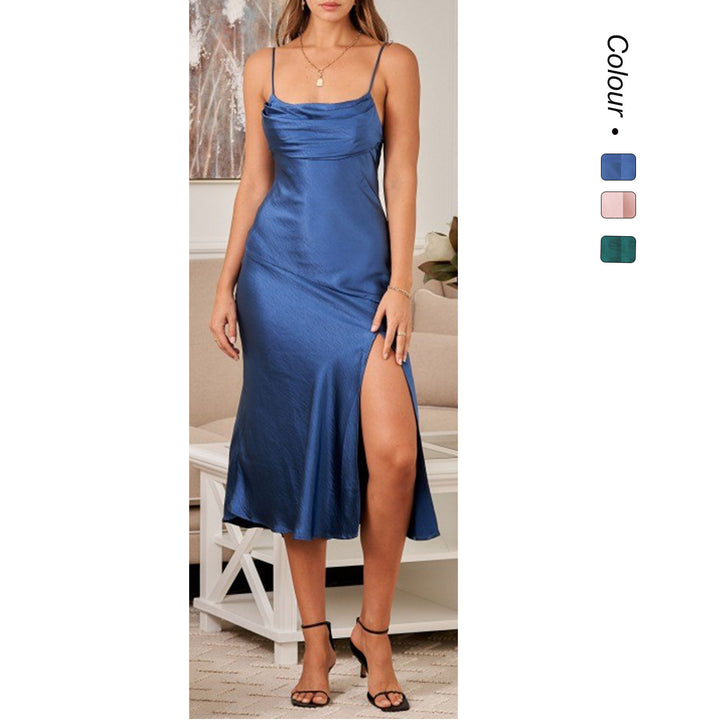 Women's Satin Maxi Dress with Elegant Split and Adjustable Straps Lune London
