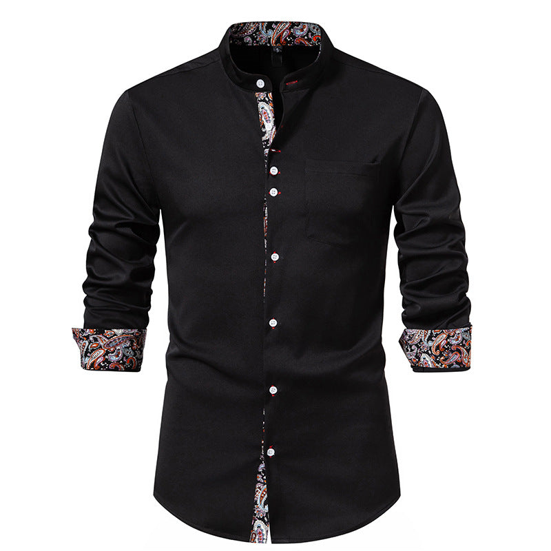Men's Long Sleeve Shirt with Modern Stand-Up Collar and Paisley Pattern Lisslune