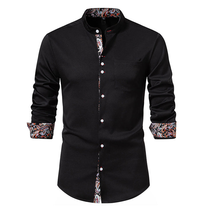 Men's Long Sleeve Shirt with Modern Stand-Up Collar and Paisley Pattern Lisslune