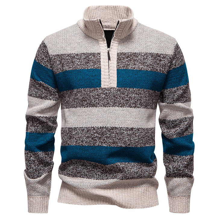 Men's stylish knit sweater with a half-high collar and contrasting stripes Lisslune