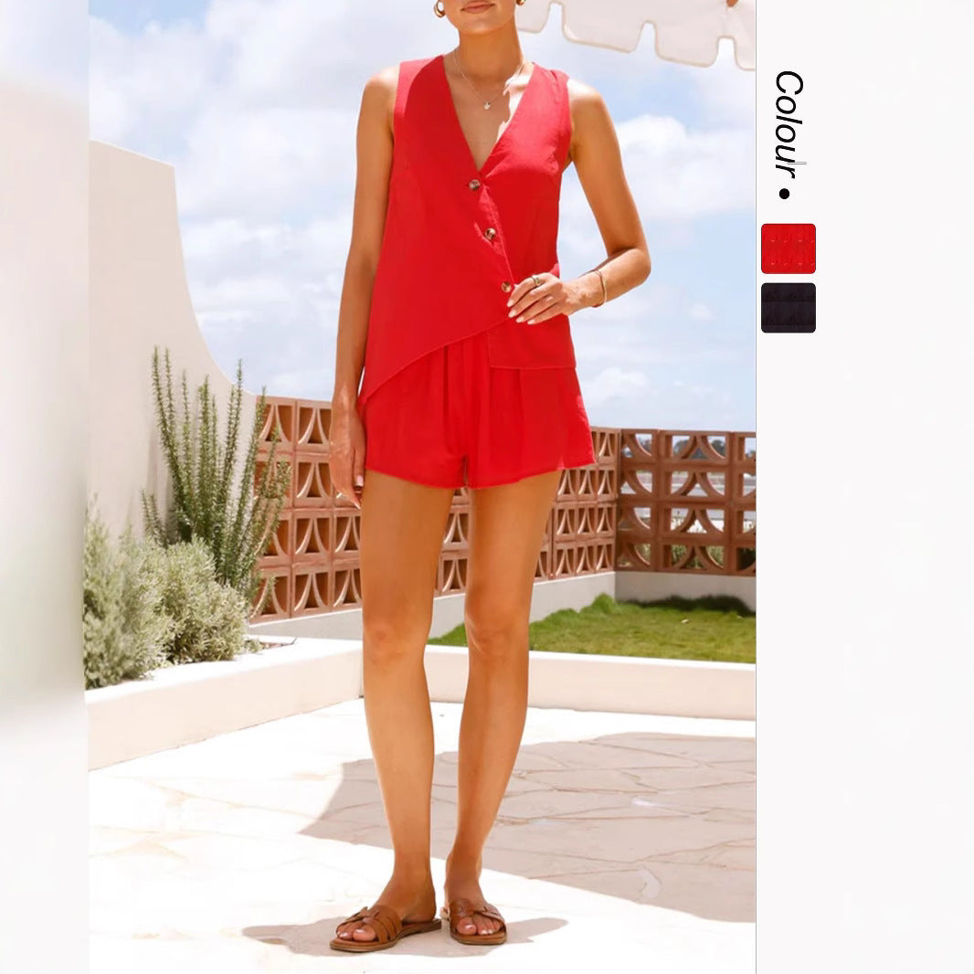 Women's casual summer outfit with V-neck and asymmetrical cut