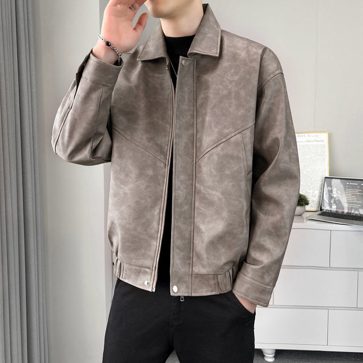 Men's casual synthetic leather jacket with modern cut and practical pockets Lisslune