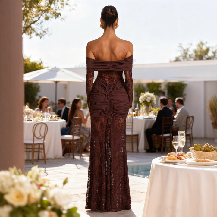 Women's Elegant Lace Evening Dress with Off-the-Shoulder Silhouette and Refined Ruffle Details