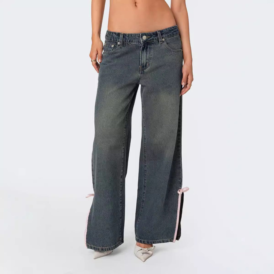 Ladies High Waist Denim Pants with Fashionable Bow Details Lisslune