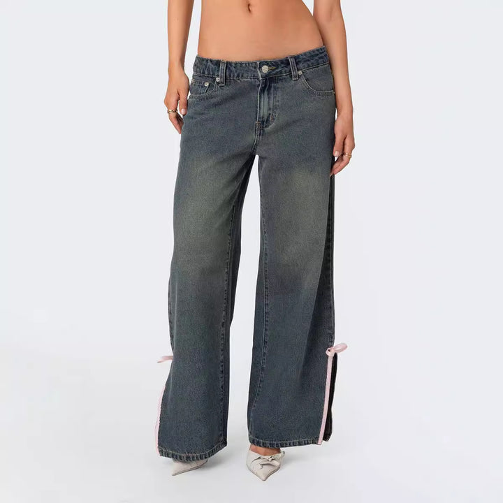 Ladies High Waist Denim Pants with Fashionable Bow Details Lisslune