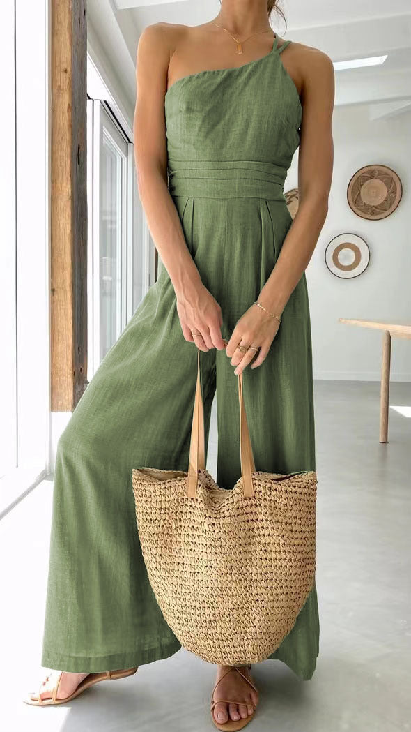 Women's jumpsuit in fashionable wrap design with wide leg and off-shoulder cut