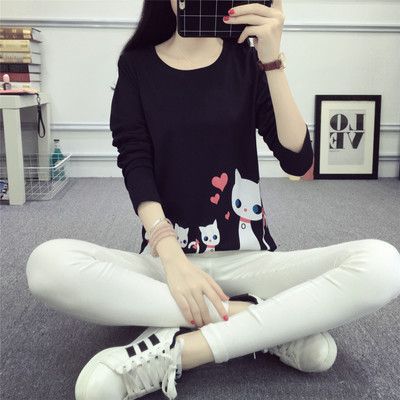 Women's Long Sleeve T-Shirt with Creative Cat Design Lisslune