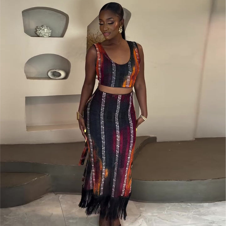 Women Two-Piece Festive Outfit with Fringed Details Lisslune