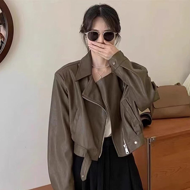 Women's Cropped Leather Jacket in Stylish Biker Design with Asymmetrical Zipper and Soft Materials