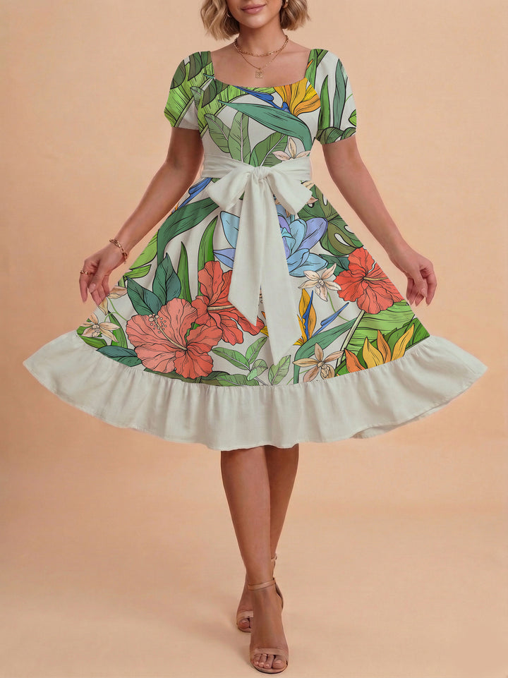Women A-line dress with floral motifs and adjustable belt Lisslune