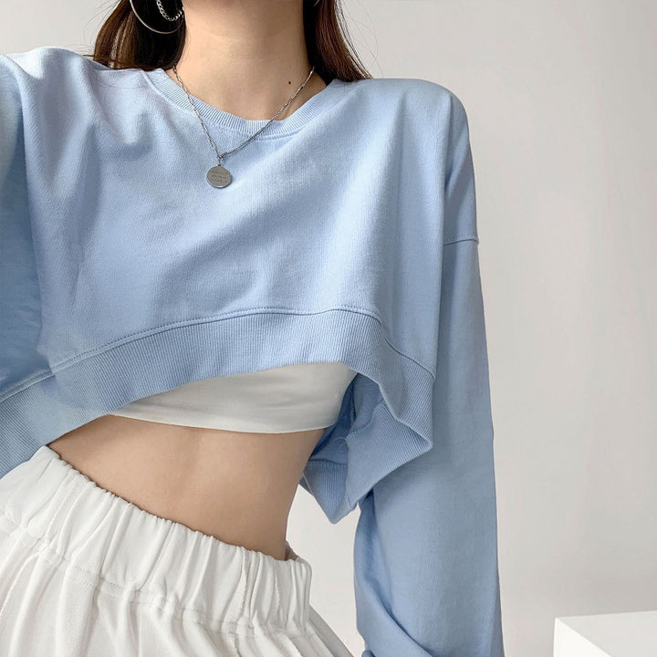 Women's Casual Crop Sweatshirt with Loose-Fitting Sleeves and Fashionable Cut