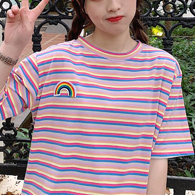 Women's striped T-shirt with colorful rainbow patch Lisslune