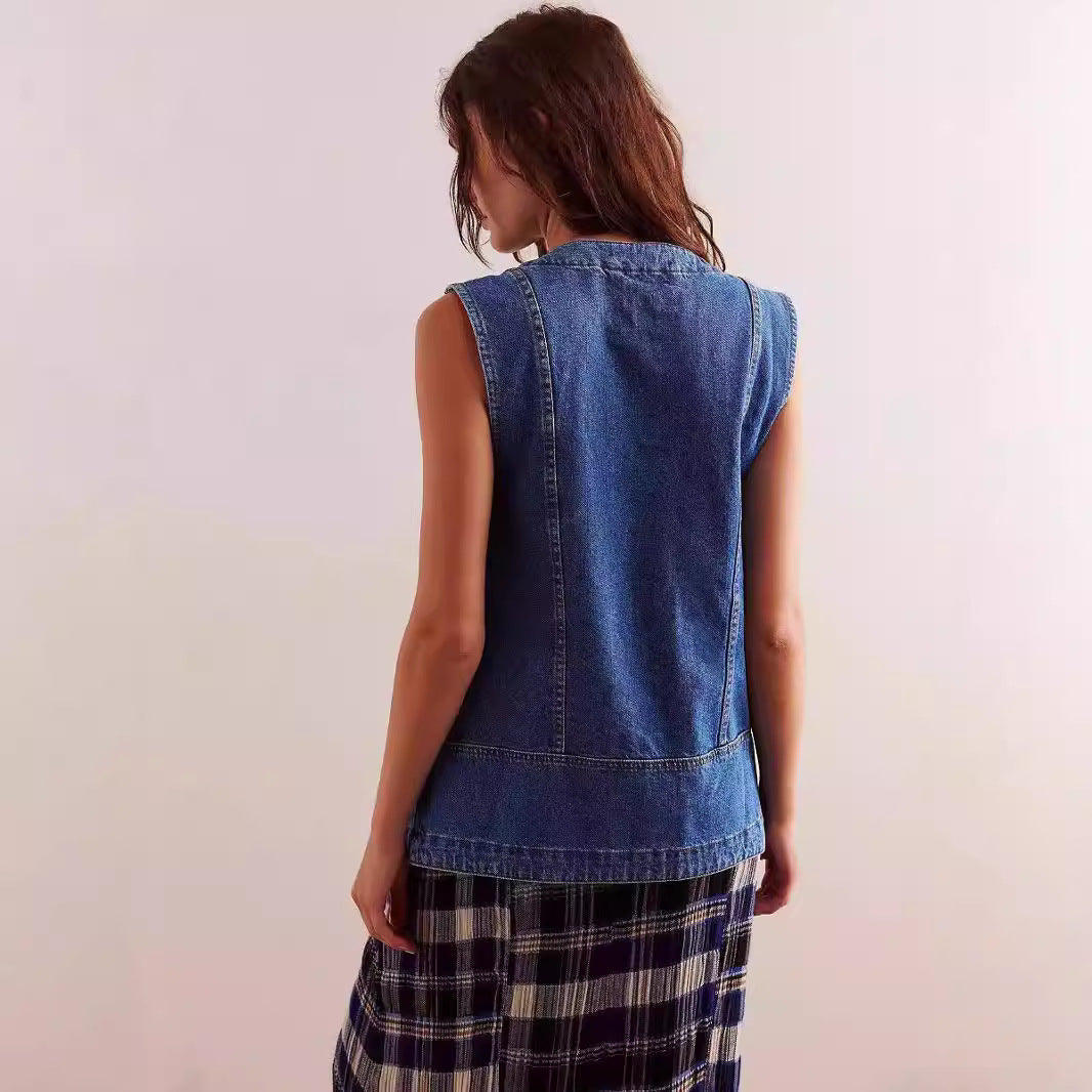 Women's denim overalls jacket with practical pockets and stylish V-neck Lisslune