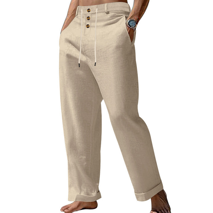 Men's elegant linen pants with adjustable drawstring and button details Lisslune