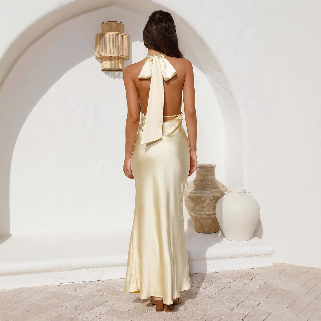 Women's elegant satin maxi dress with deep V-neck and figure-hugging fit