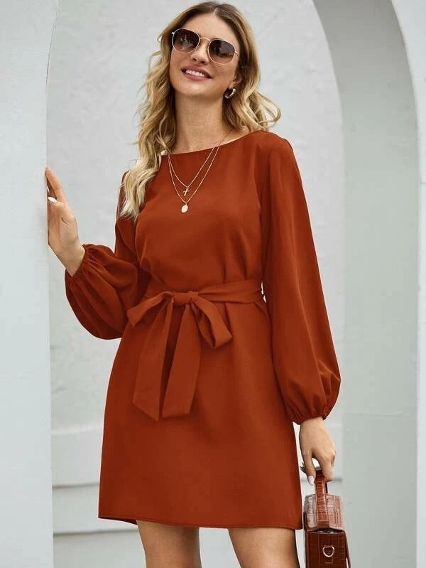 Damen Elegantes Kleid mit Ballonärmeln und Taillengürtel Lisslune